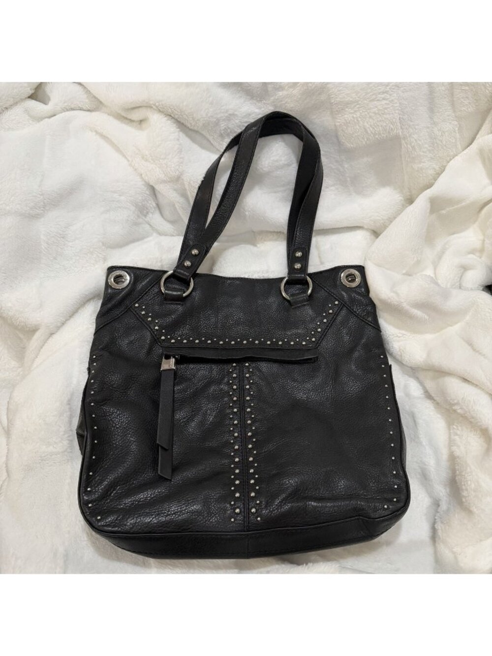 B Makowsky Black Leather Studded Y2K Tote Shoulder Bag Boho Moto Slouchy Large